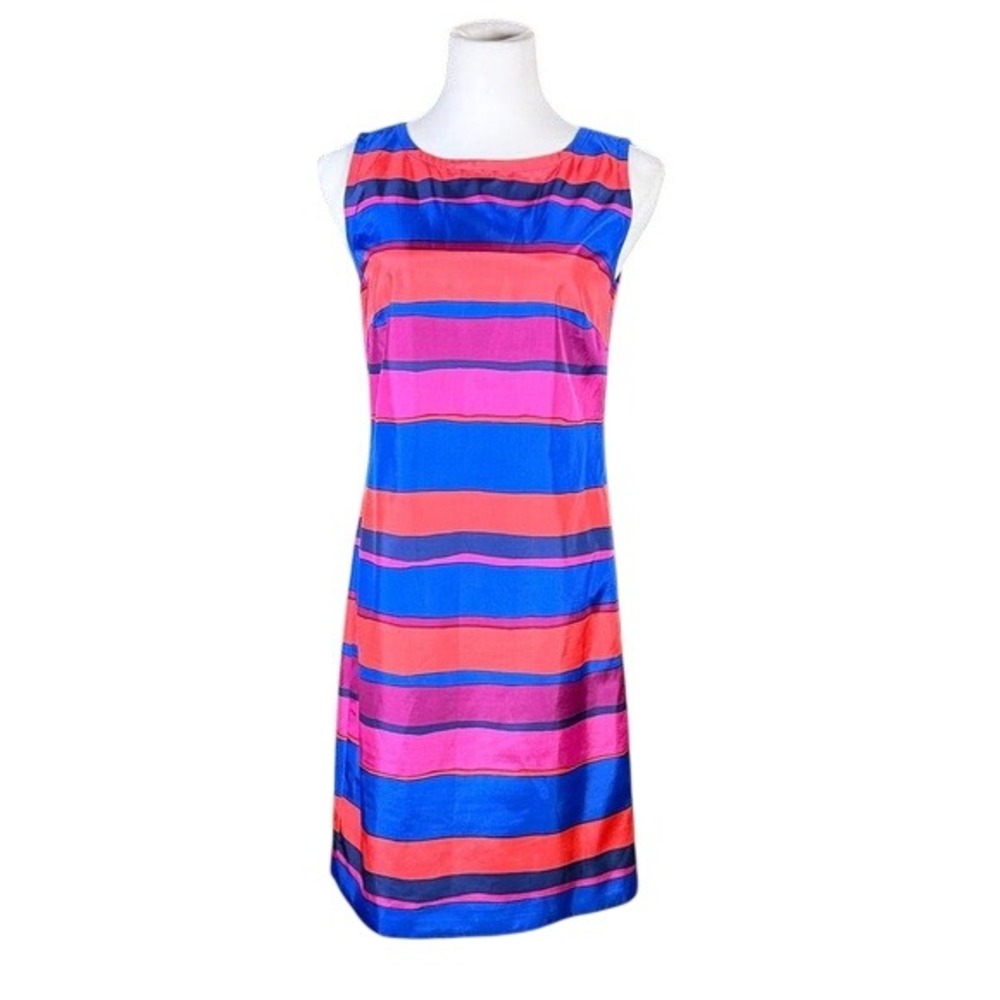 Talbots Petites Striped Sleeveless Shift Dress Blue Red Pink Boat Neck 36in L